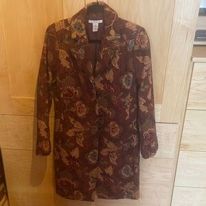 CAbi Women’s Floral Embroidered Long Coat - Burgandy